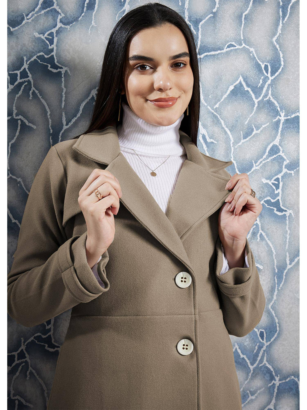 Brown Solid Long Sleeves Notched Lapel Longline Winter Coat | JC78 - view 5