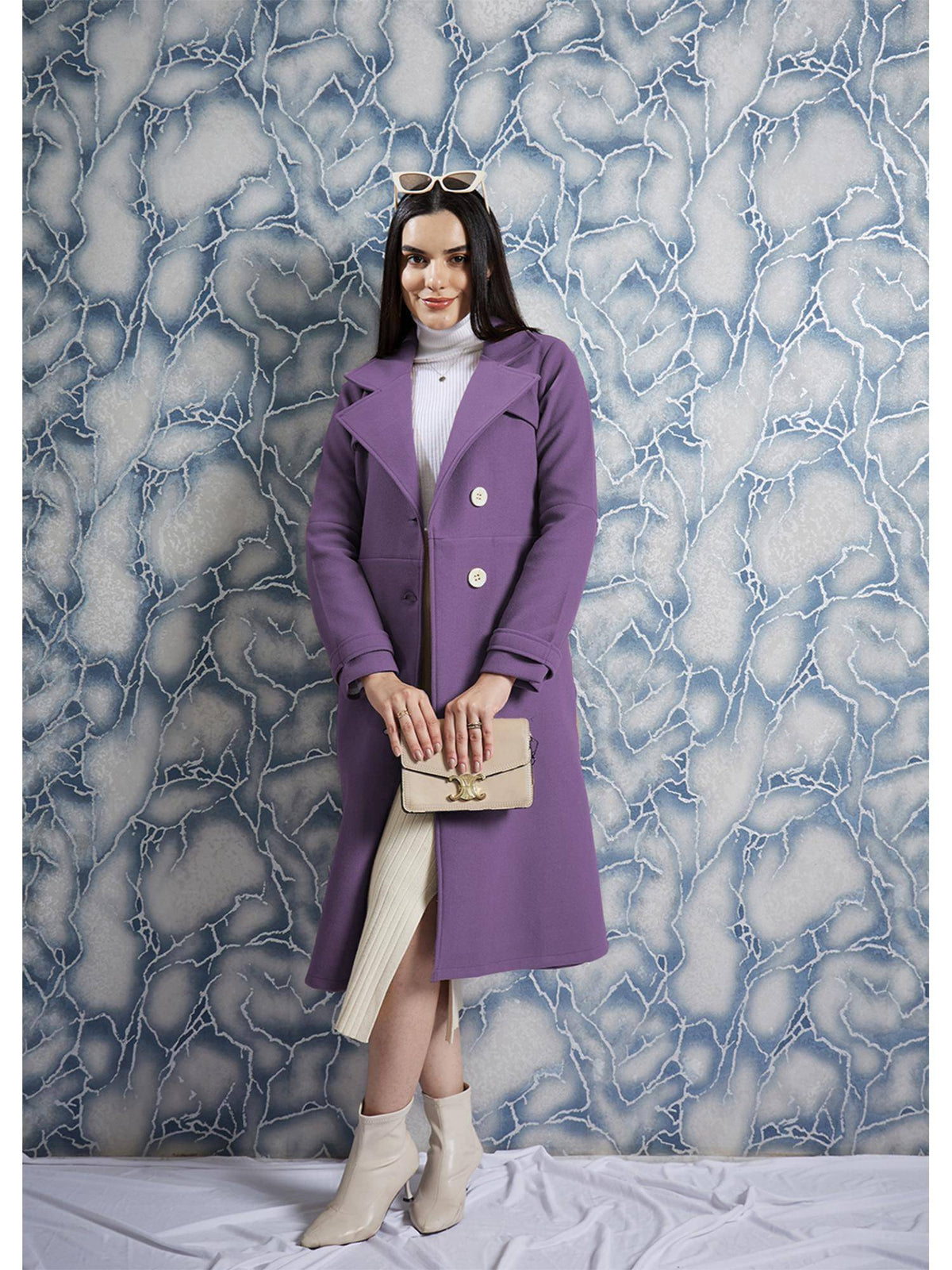 Brown Solid Long Sleeves Notched Lapel Longline Winter Coat | JC78 - view 6