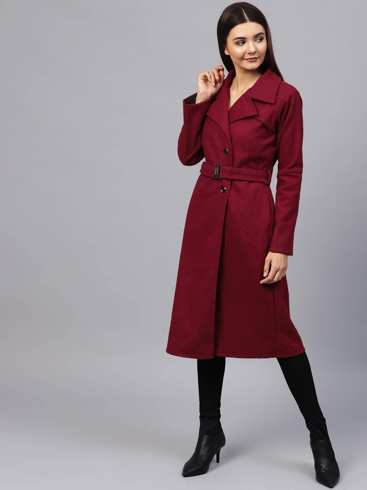 Maroon Solid Long Sleeves Notched Lapel Longline Winter Coat | JC78 - view 1