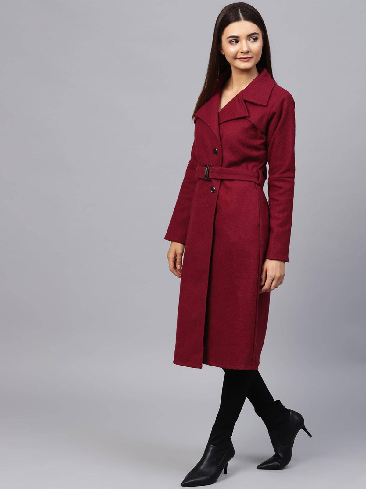 Maroon Solid Long Sleeves Notched Lapel Longline Winter Coat | JC78 - view 3