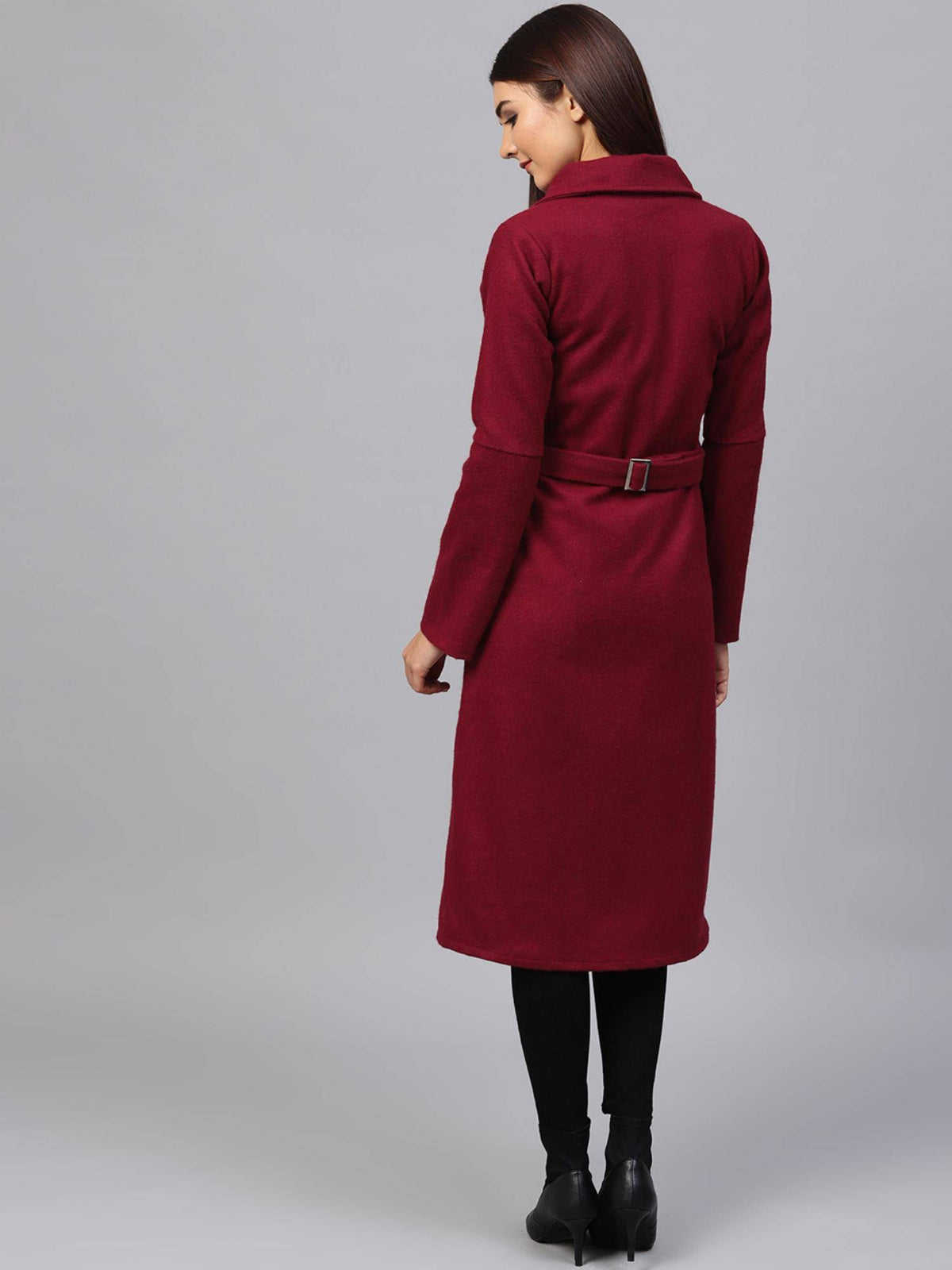 Maroon Solid Long Sleeves Notched Lapel Longline Winter Coat | JC78 - view 4