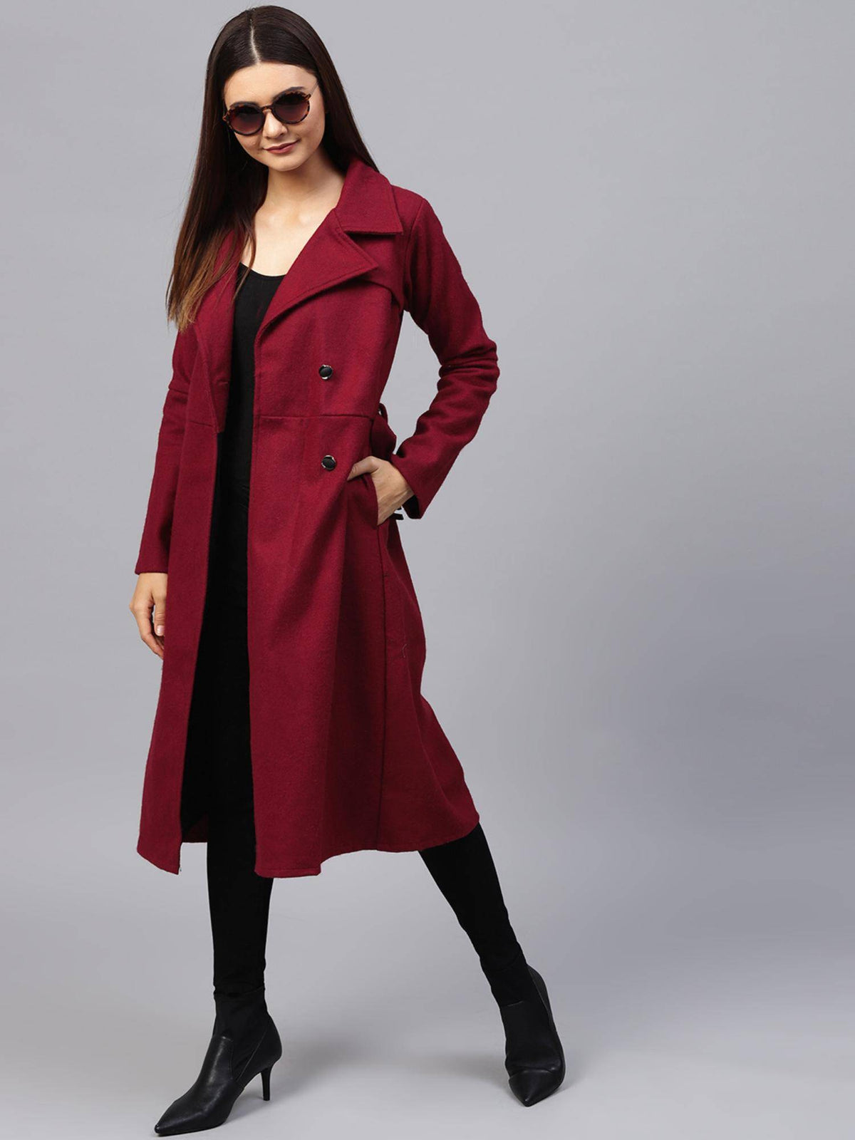 Maroon Solid Long Sleeves Notched Lapel Longline Winter Coat | JC78 - view 5