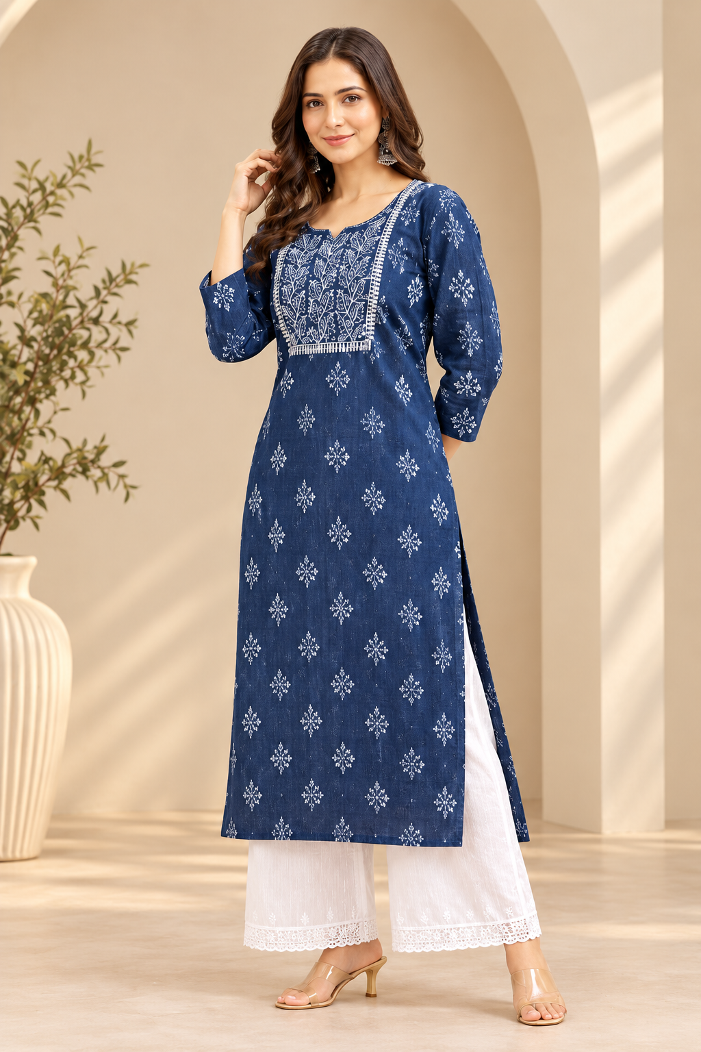 Navy Blue Printed Kurta with White Lace-Trim Palazzo