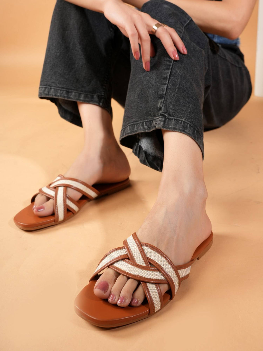 Women Tan Open Toe Flats | F61 - view 1