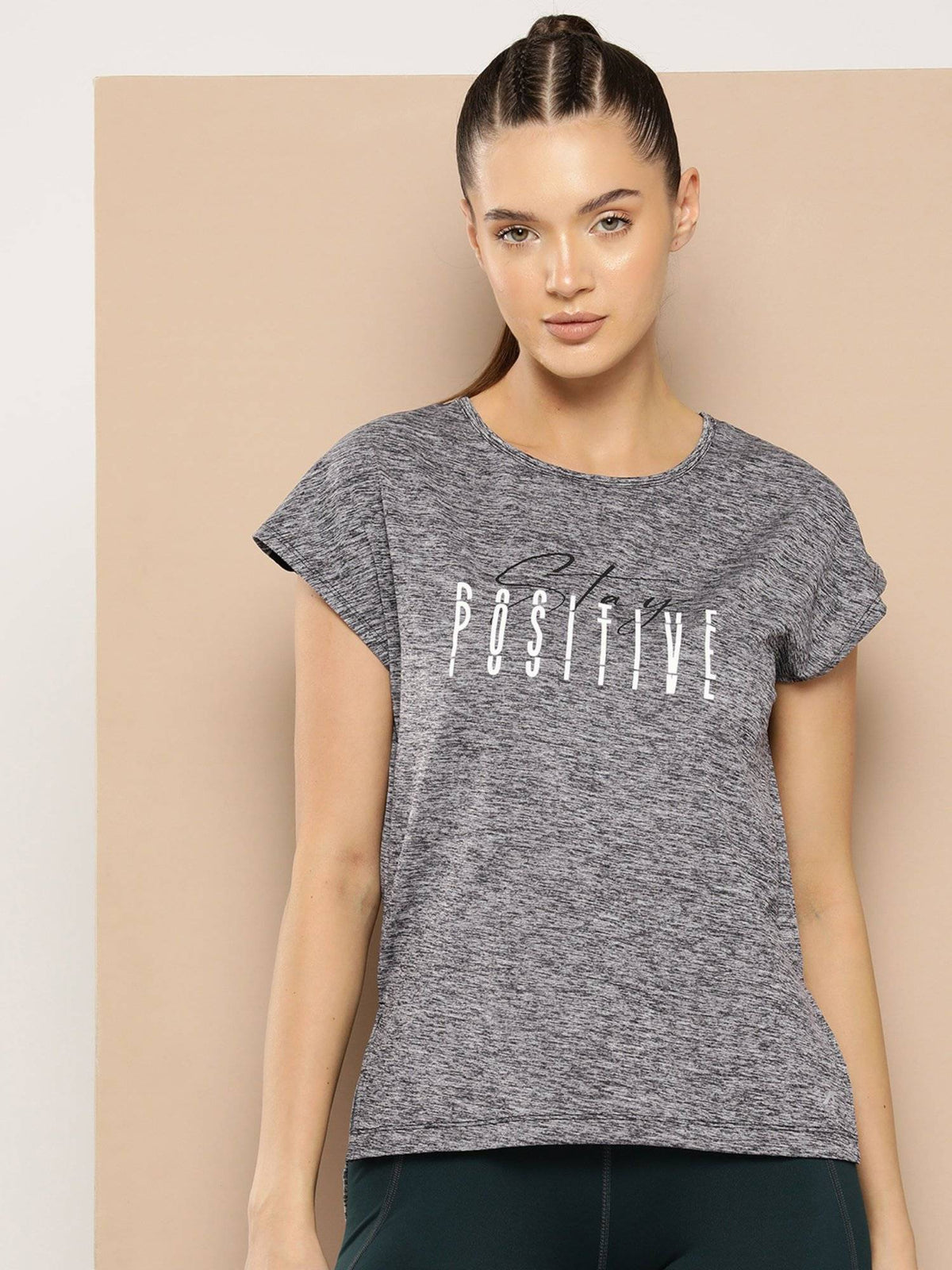 Grey Women Typography Printed Dry Tech Comfortable Fit Running T-Shirt | TT89 - view 1