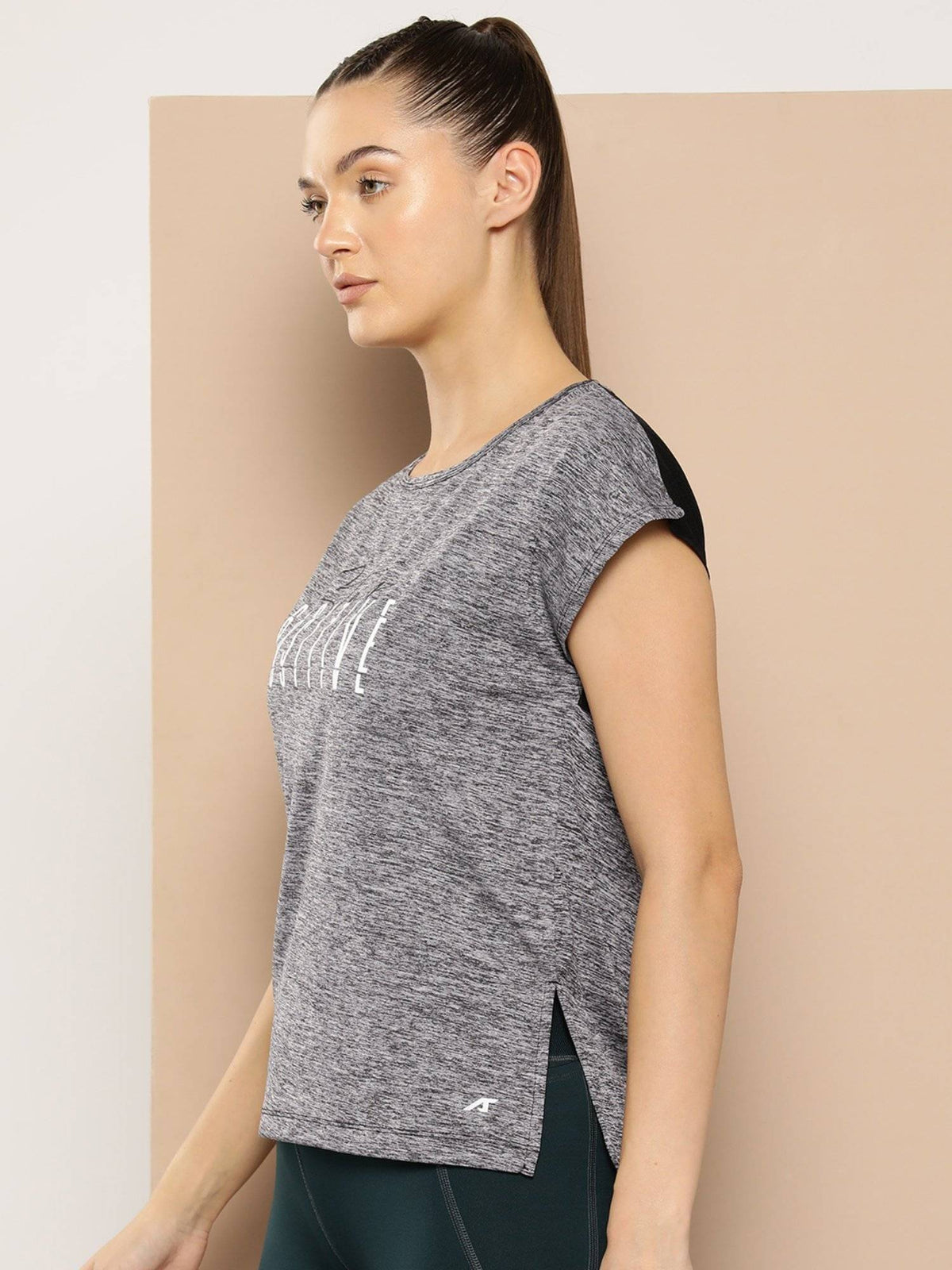 Grey Women Typography Printed Dry Tech Comfortable Fit Running T-Shirt | TT89 - view 2