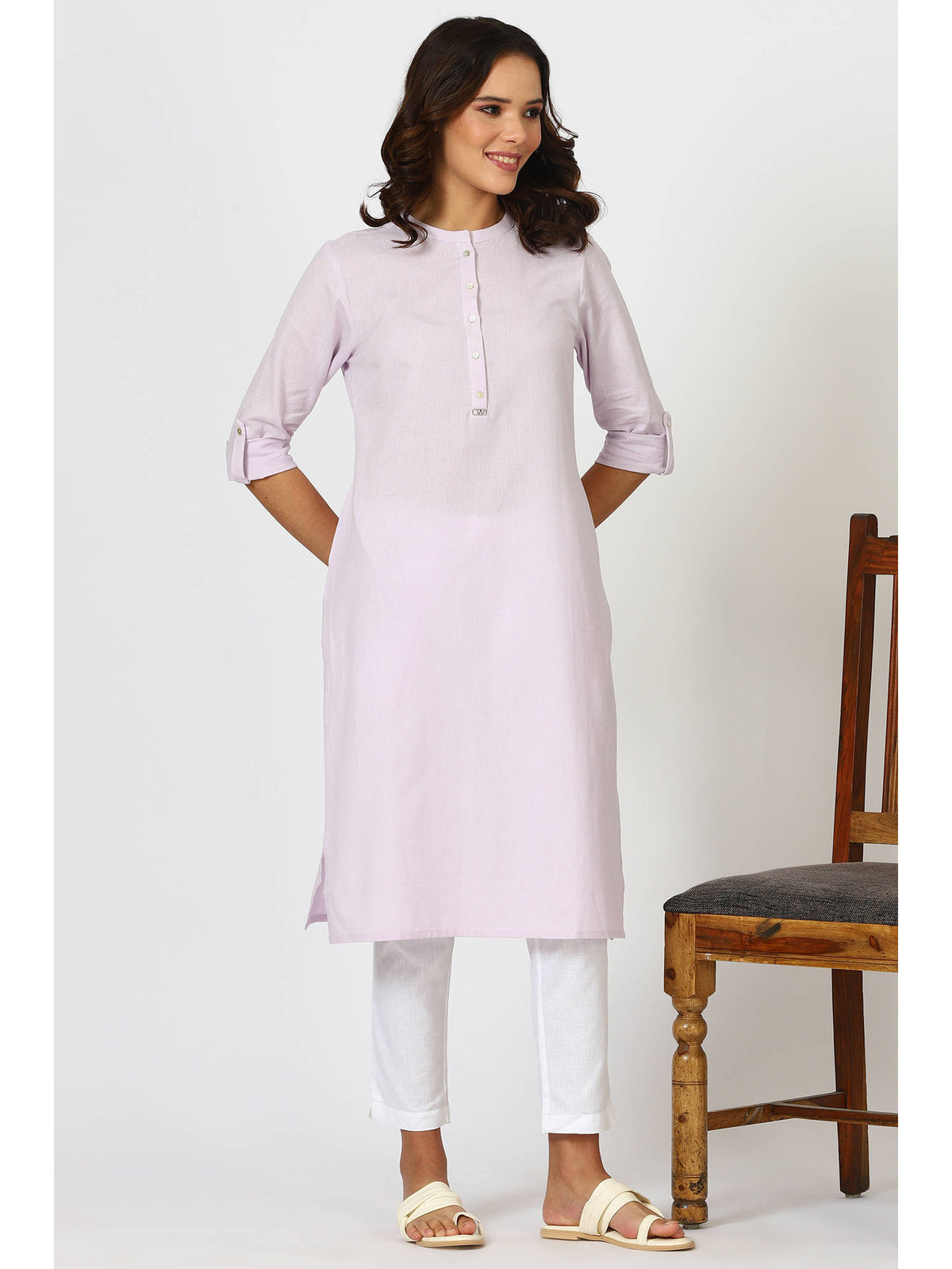 Mandarin Collar Cotton Blend Straight Kurta White | U3S - view 13