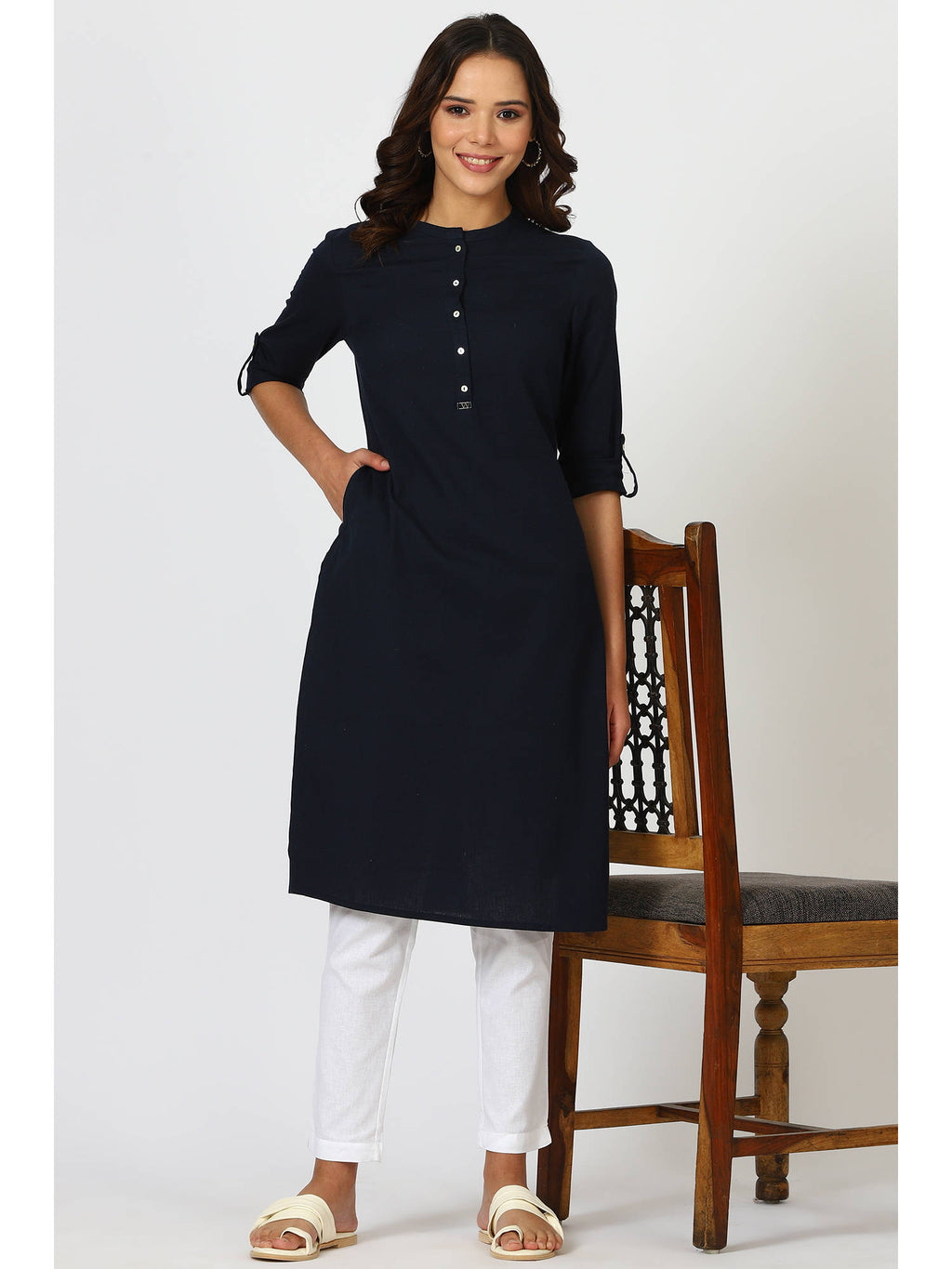 Mandarin Collar Cotton Blend Straight Kurta White | U3S - view 36