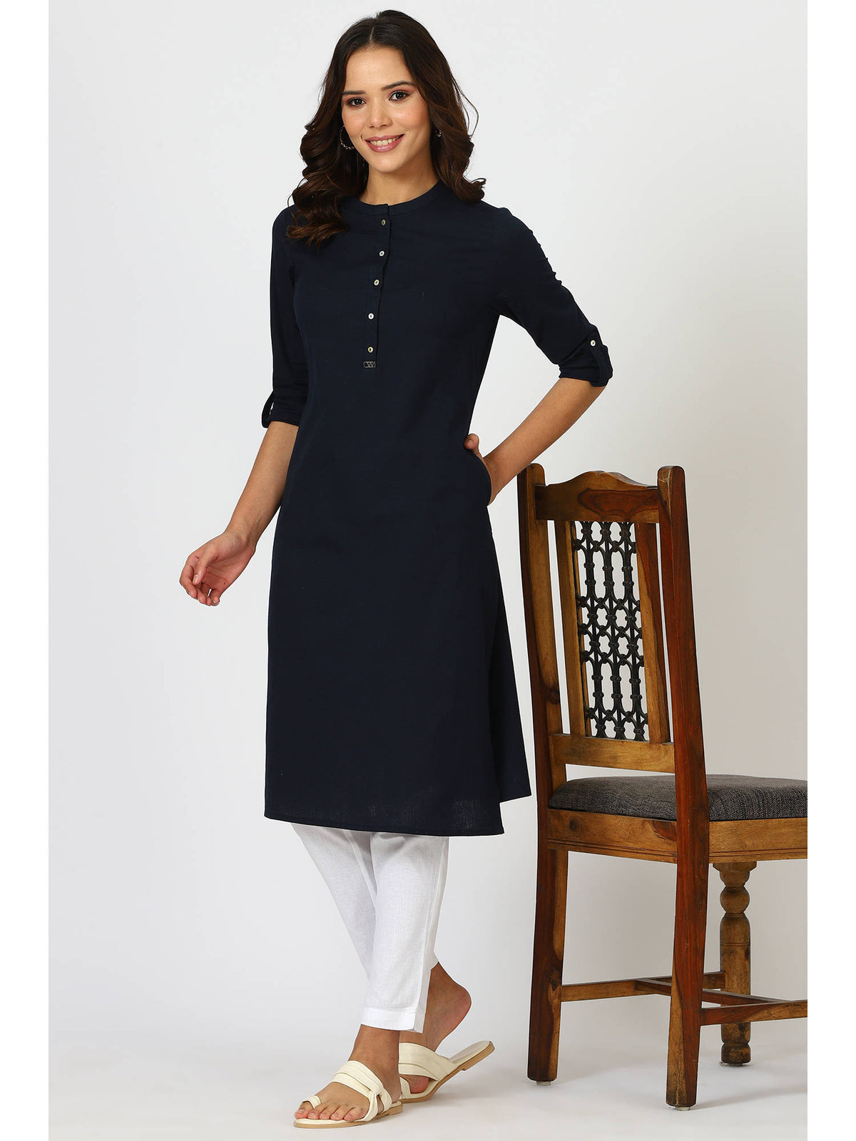 Mandarin Collar Cotton Blend Straight Kurta White | U3S - view 39
