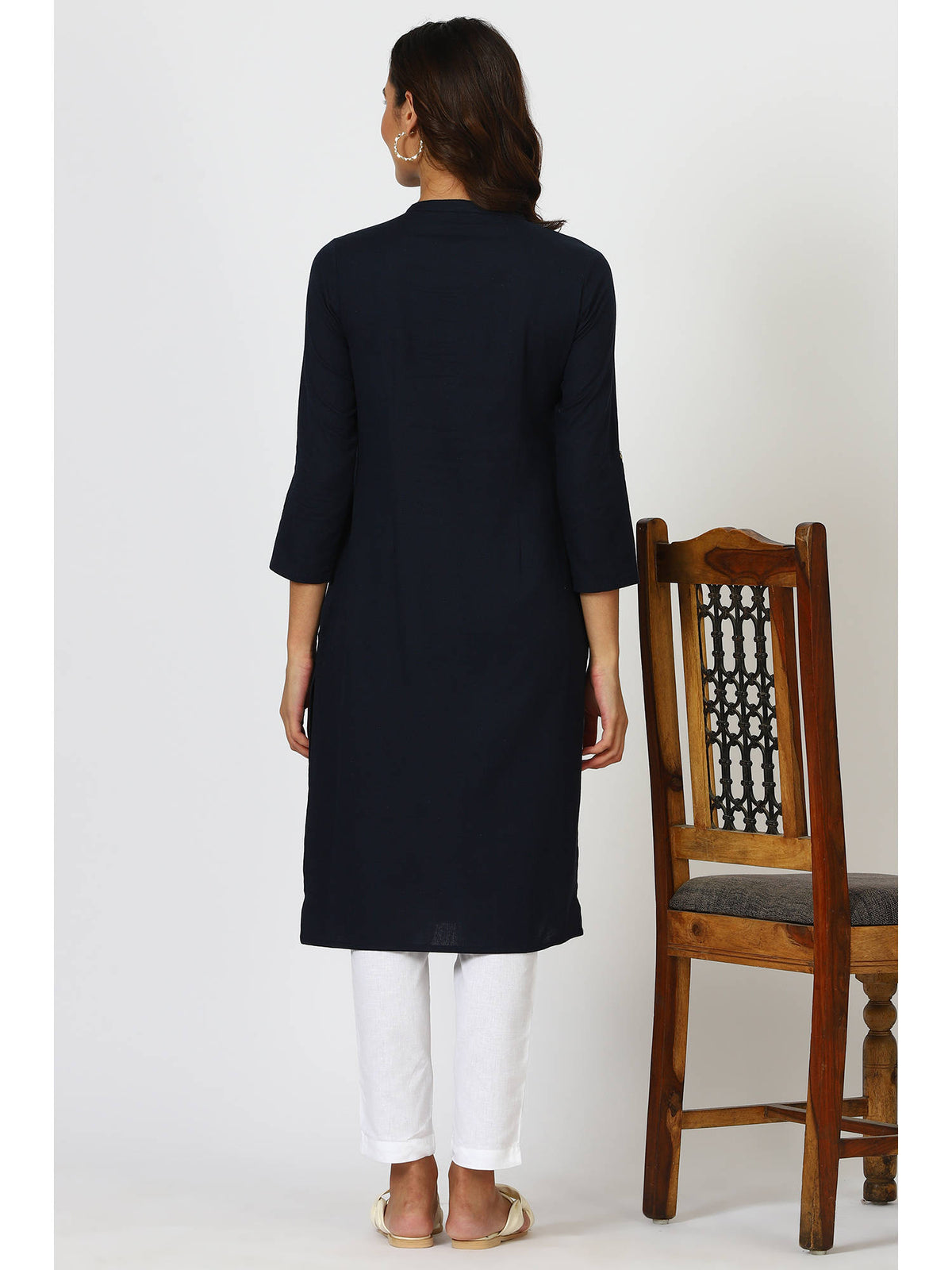 Black Mandarin Collar Cotton Blend Straight Kurta | FY93 - view 33