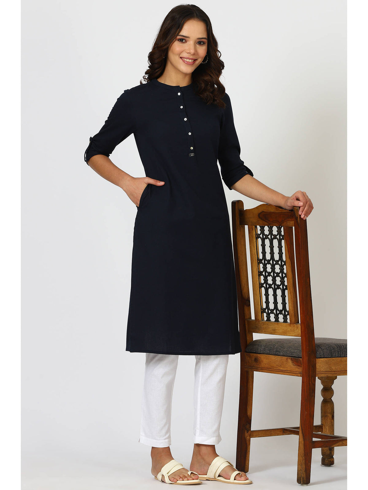 Black Mandarin Collar Cotton Blend Straight Kurta | FY93 - view 34
