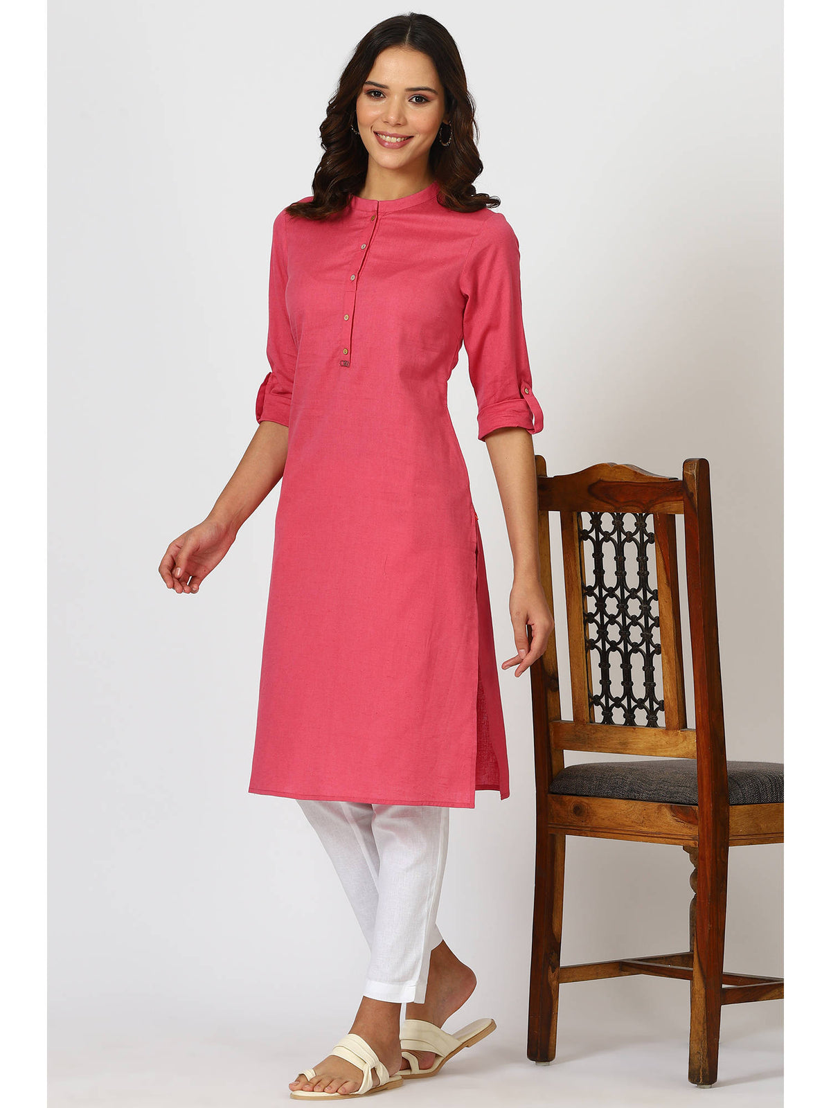 Mandarin Collar Cotton Blend Straight Kurta White | KDG - view 15