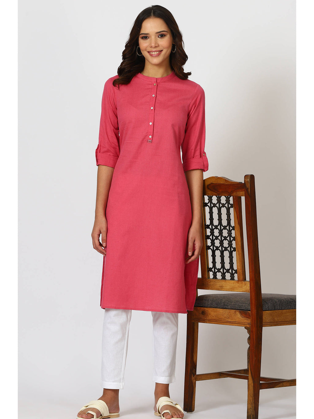 Mandarin Collar Cotton Blend Straight Kurta White | KDG - view 16