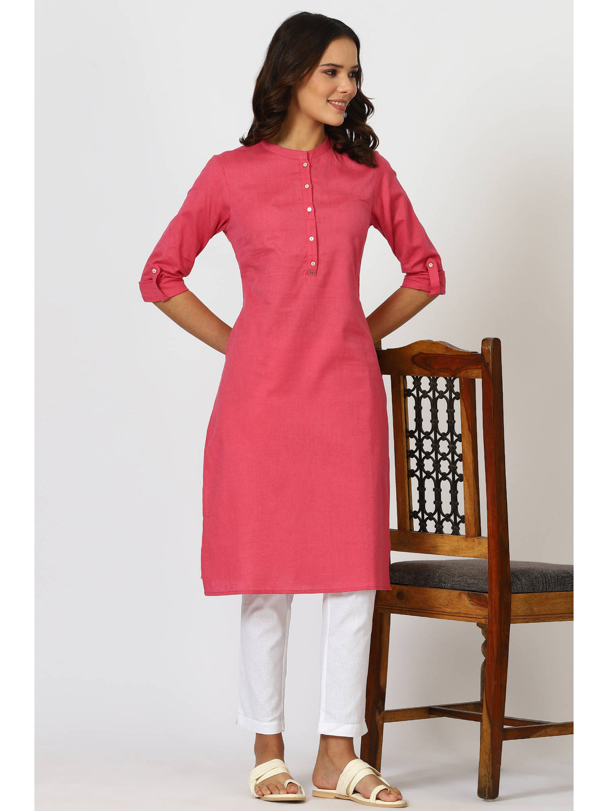 Mandarin Collar Cotton Blend Straight Kurta White | KDG - view 20