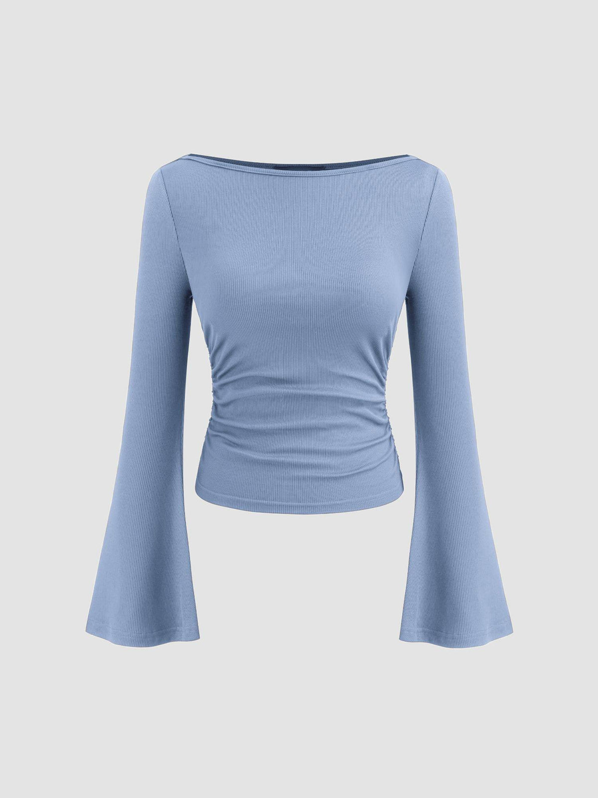 Boat Neck Solid Ruched Long Sleeve Tee | TS56 - view 15