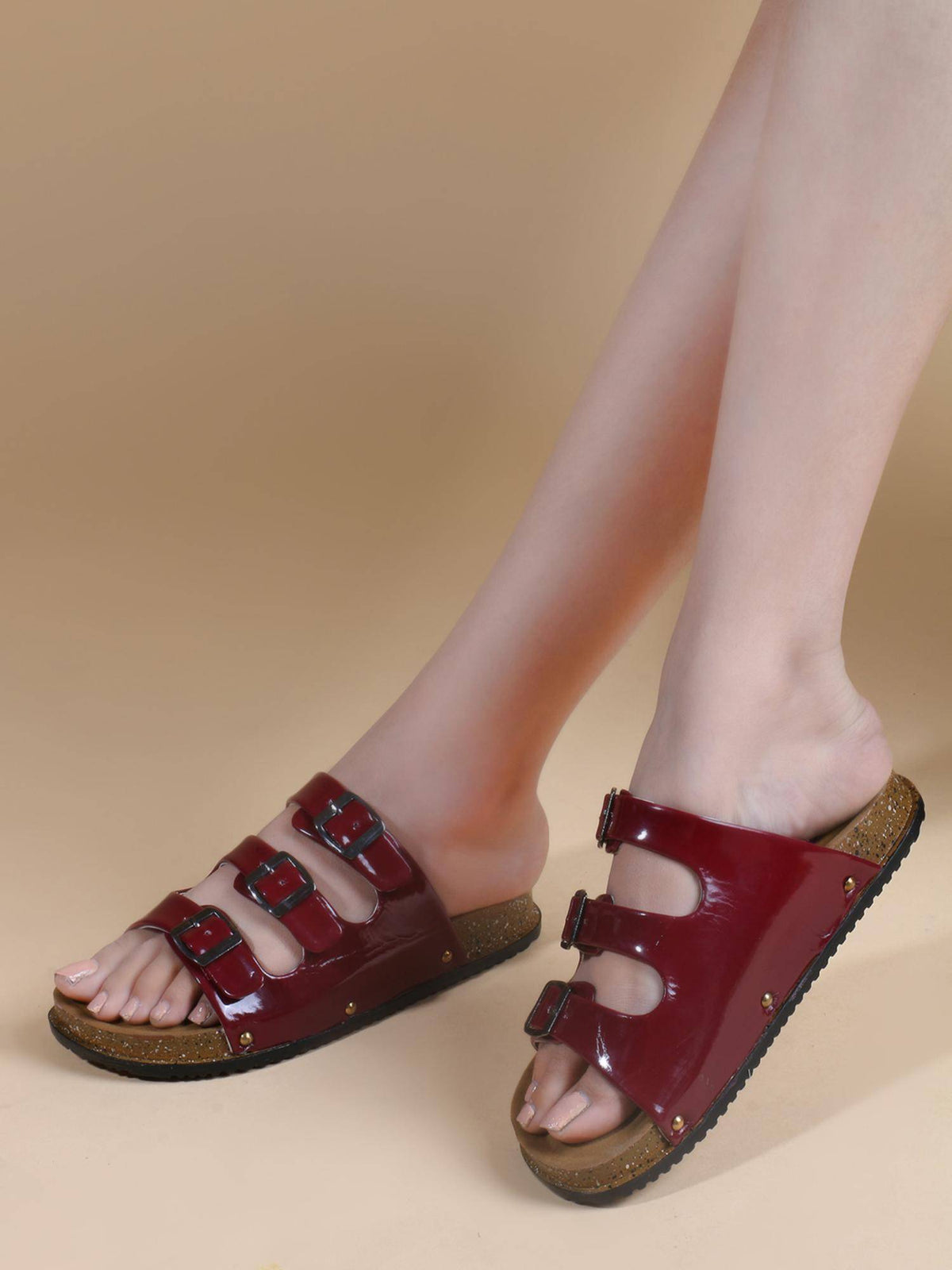 Trendy Multiple Buckle And Straps Sandals - Maroon | SD89 - view 1