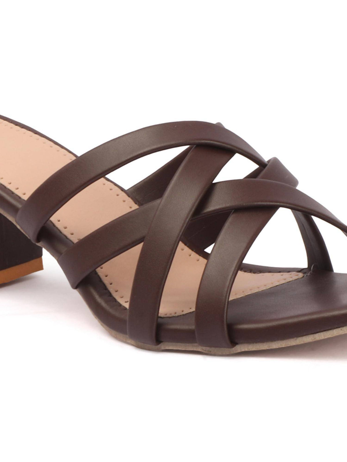 Women Embellished Cross Straps Block Heel Sandals - Brown | H78 - view 2