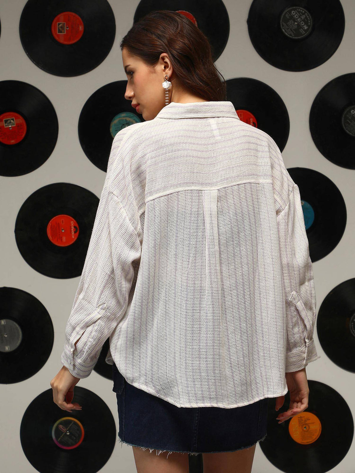 Women's Lilac & Off-White Pencil-Striped Oversized Shirt | S67 - view 3