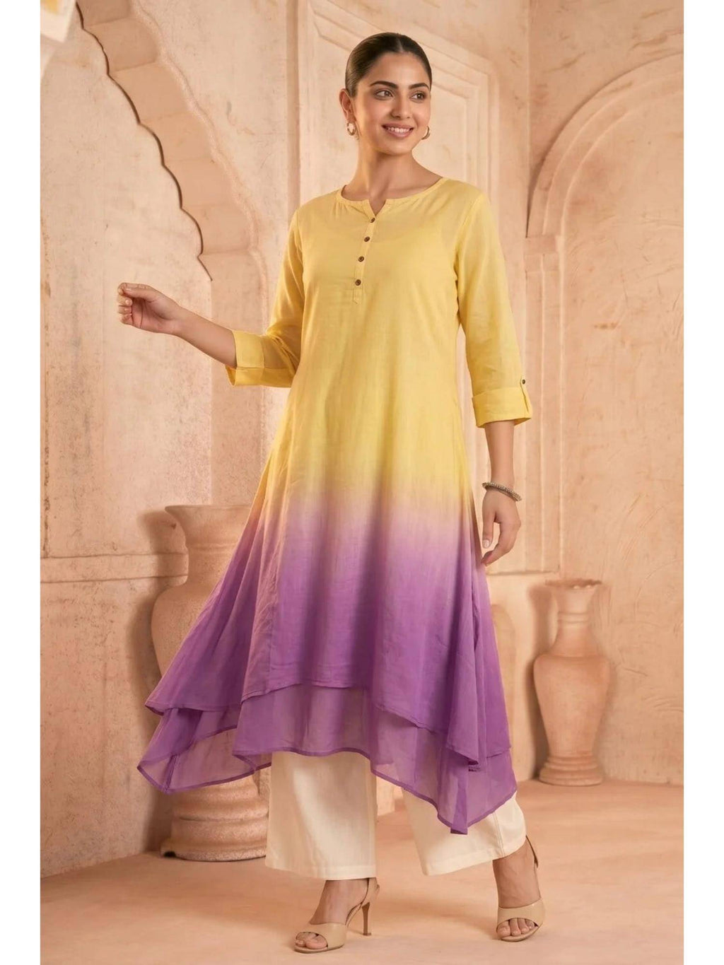 Yellow Sunlit Amethyst Ombre Mulmul Layered Dress | KDG - view 1