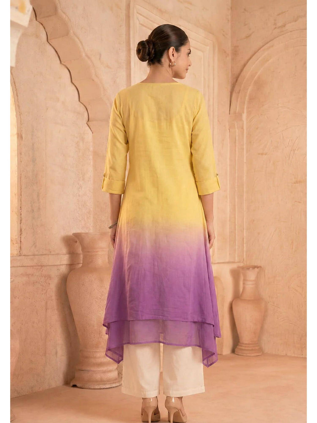 Yellow Sunlit Amethyst Ombre Mulmul Layered Dress | KDG - view 2