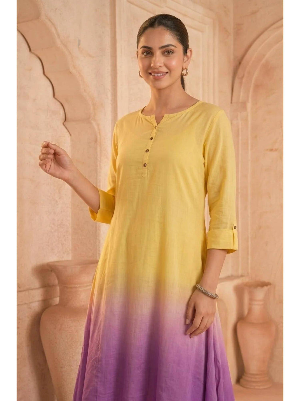 Yellow Sunlit Amethyst Ombre Mulmul Layered Dress | KDG - view 3