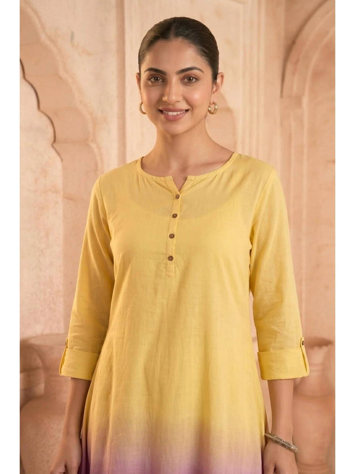 Yellow Sunlit Amethyst Ombre Mulmul Layered Dress | KDG - view 4