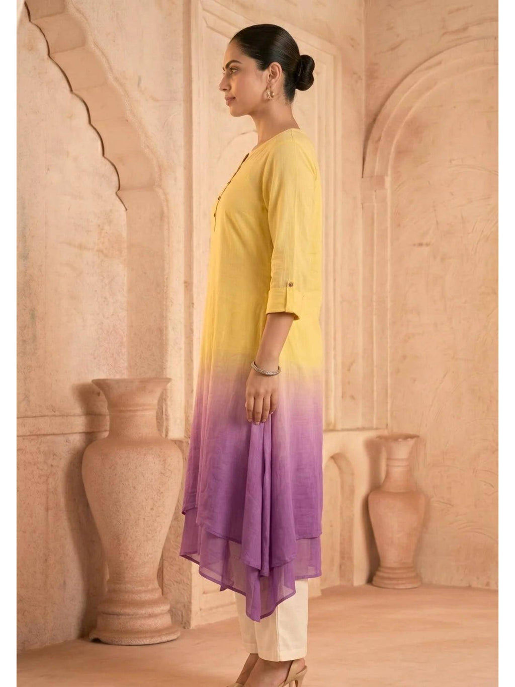 Yellow Sunlit Amethyst Ombre Mulmul Layered Dress | KDG - view 5