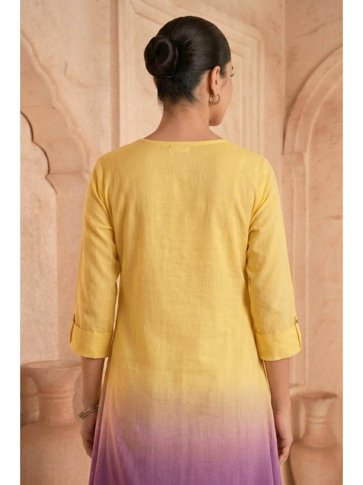 Yellow Sunlit Amethyst Ombre Mulmul Layered Dress | KDG - view 6