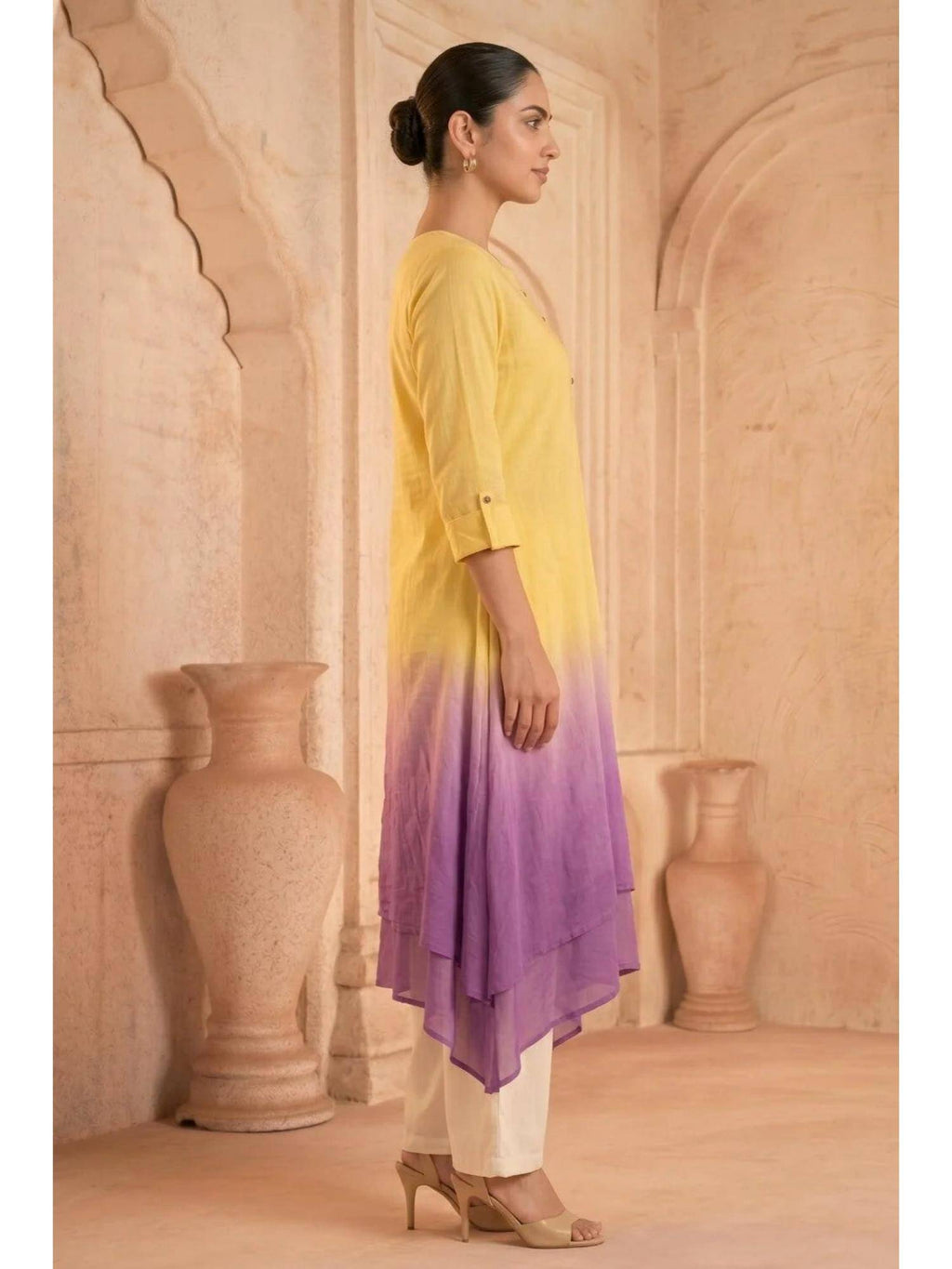 Yellow Sunlit Amethyst Ombre Mulmul Layered Dress | KDG - view 7