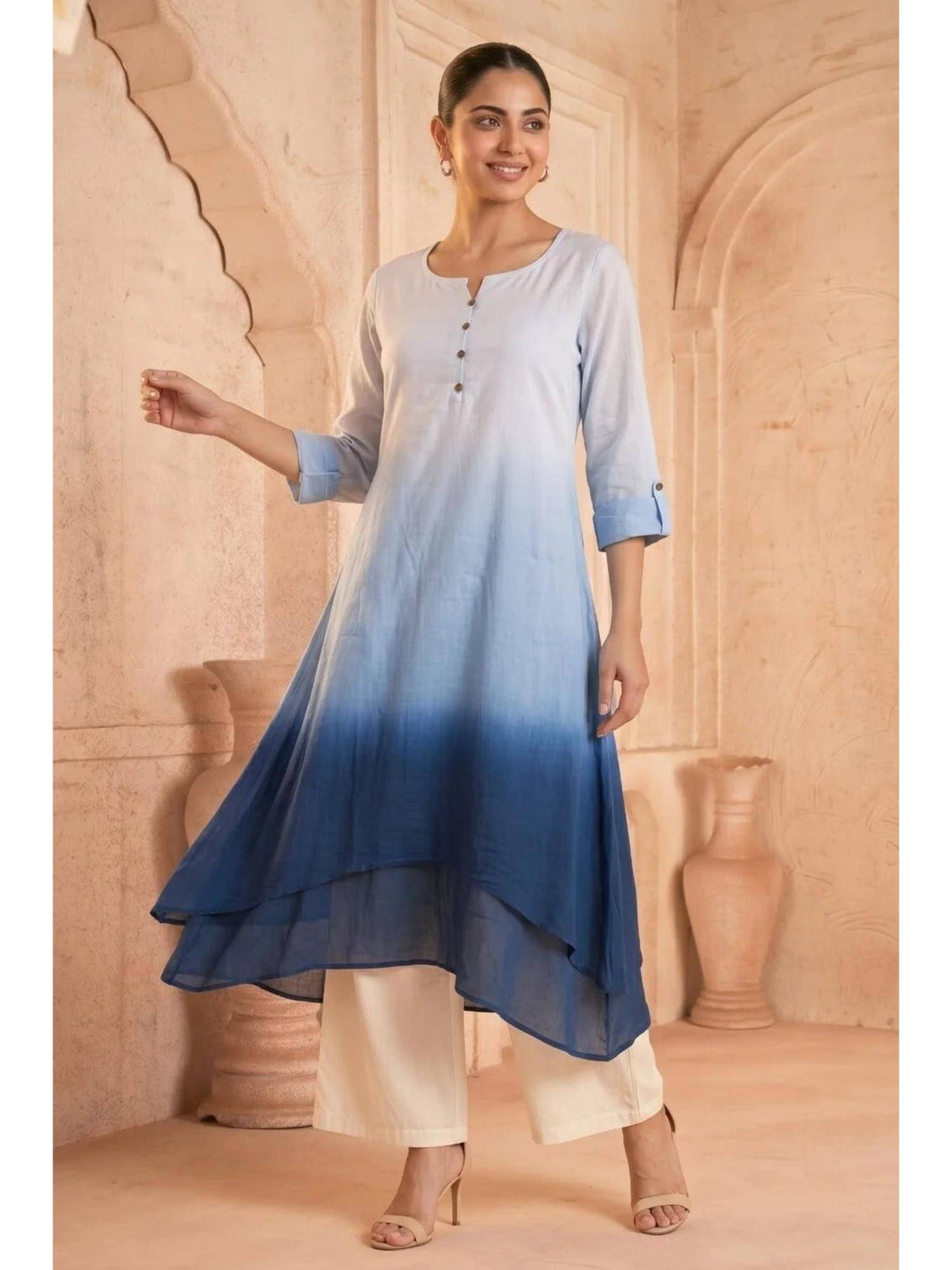 Yellow Sunlit Amethyst Ombre Mulmul Layered Dress | KDG - view 15