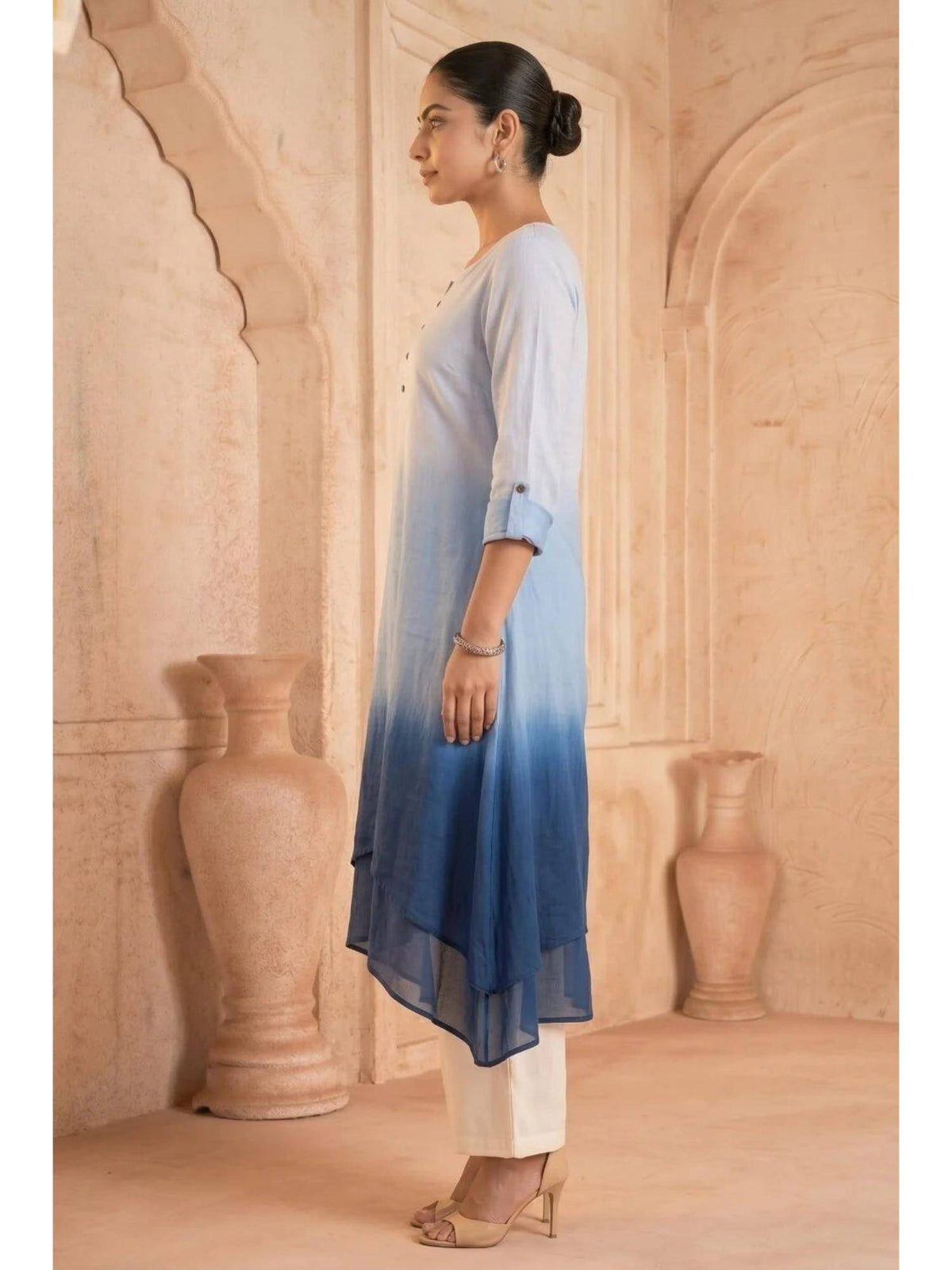 Yellow Sunlit Amethyst Ombre Mulmul Layered Dress | KDG - view 20