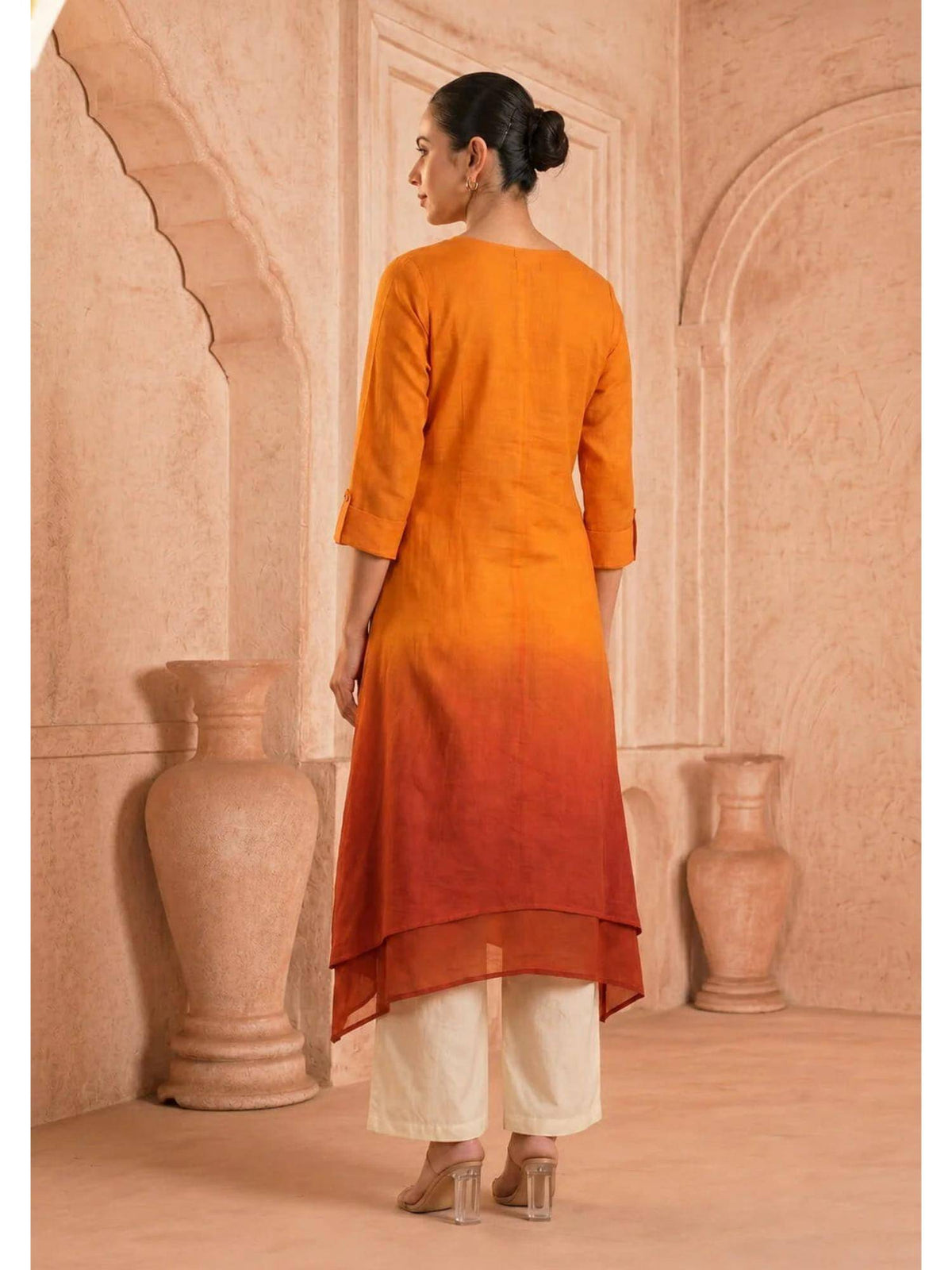 Yellow Sunlit Amethyst Ombre Mulmul Layered Dress | KDG - view 28
