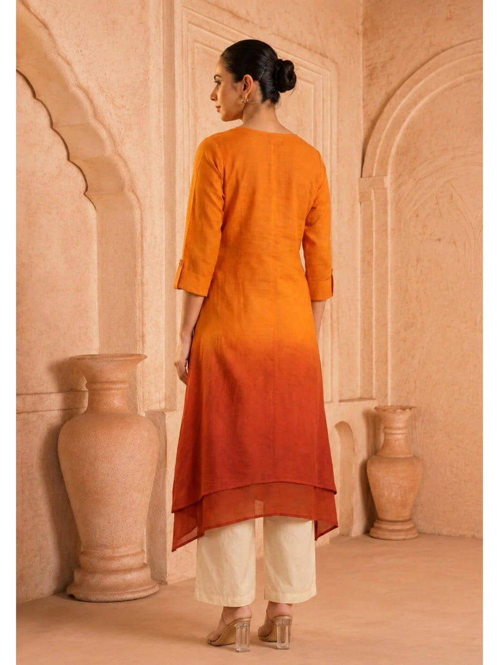Yellow Sunlit Amethyst Ombre Mulmul Layered Dress | KDG - view 30