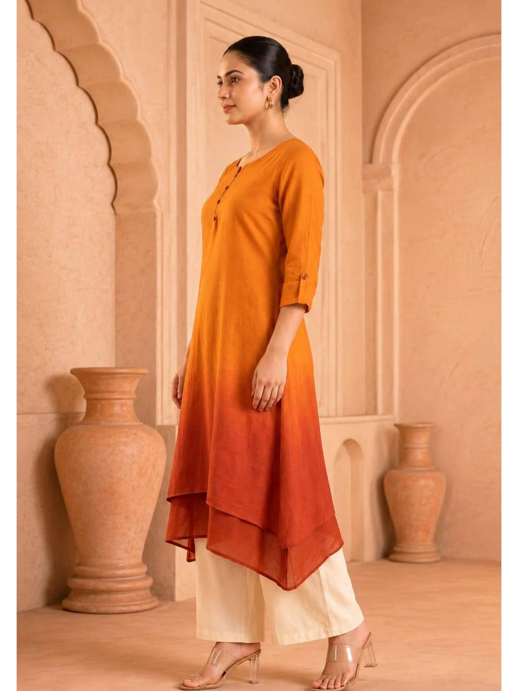 Yellow Sunlit Amethyst Ombre Mulmul Layered Dress | KDG - view 32