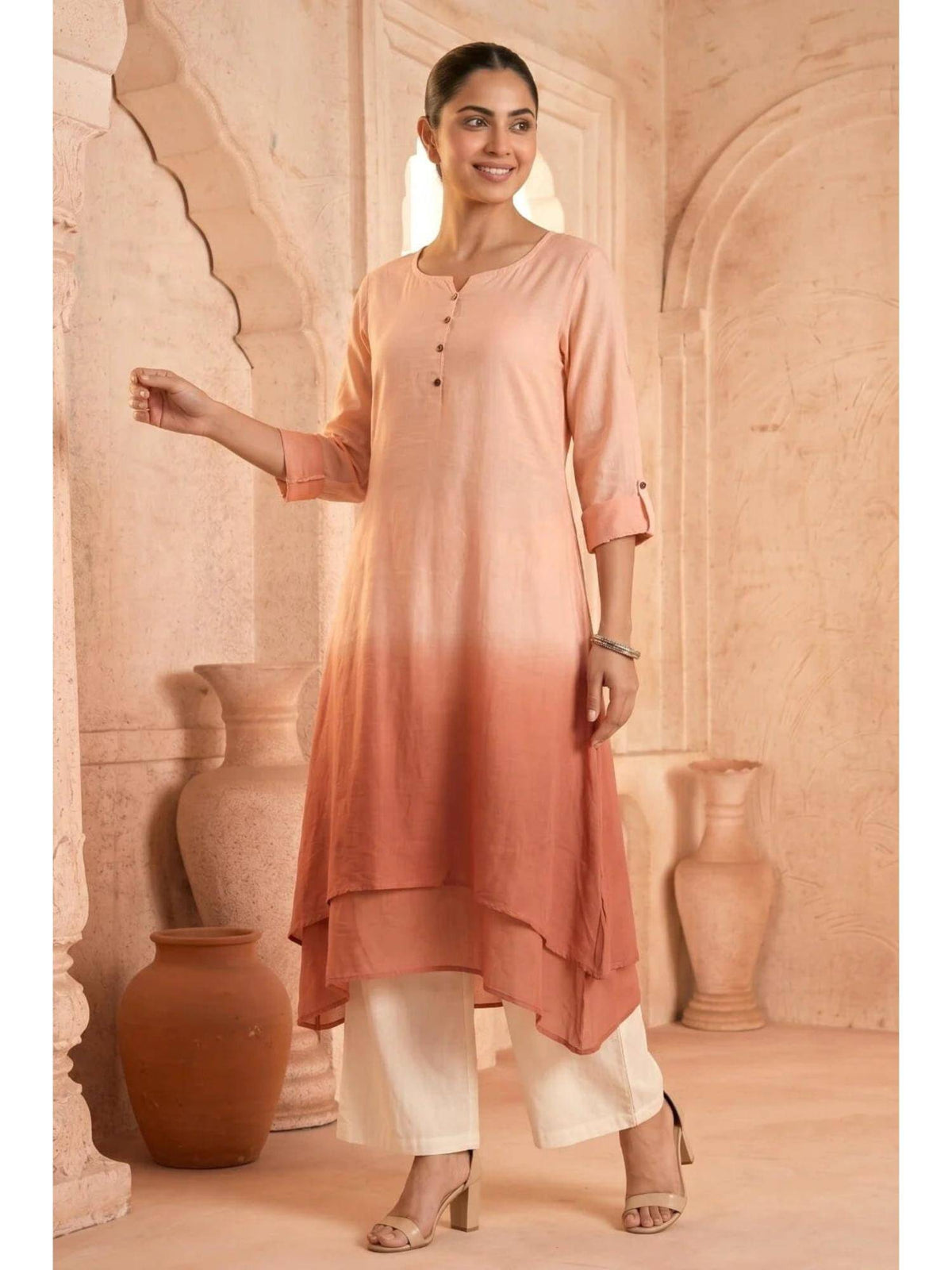 Yellow Sunlit Amethyst Ombre Mulmul Layered Dress | KDG - view 21