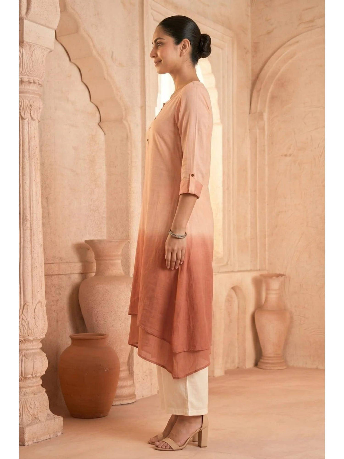Yellow Sunlit Amethyst Ombre Mulmul Layered Dress | KDG - view 26