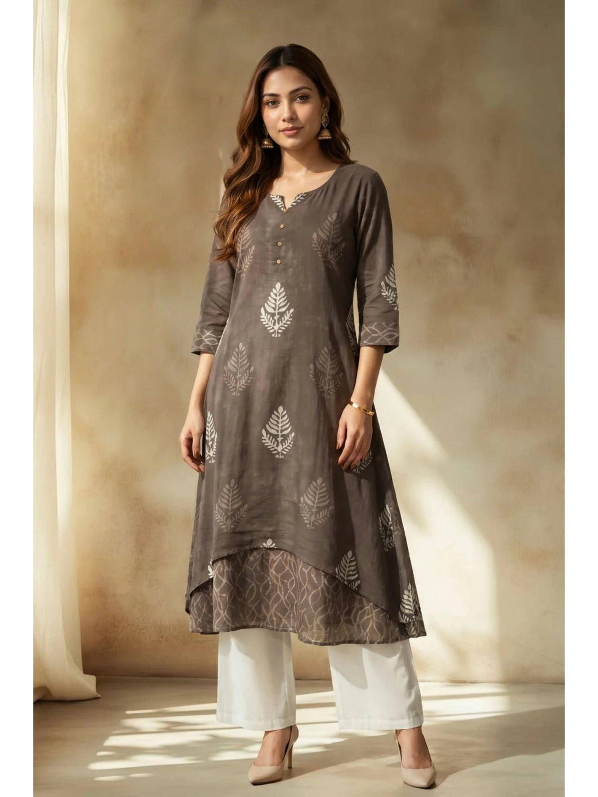 Grey Smoky Fern Mulmul Layered Kurta | KDG - view 1
