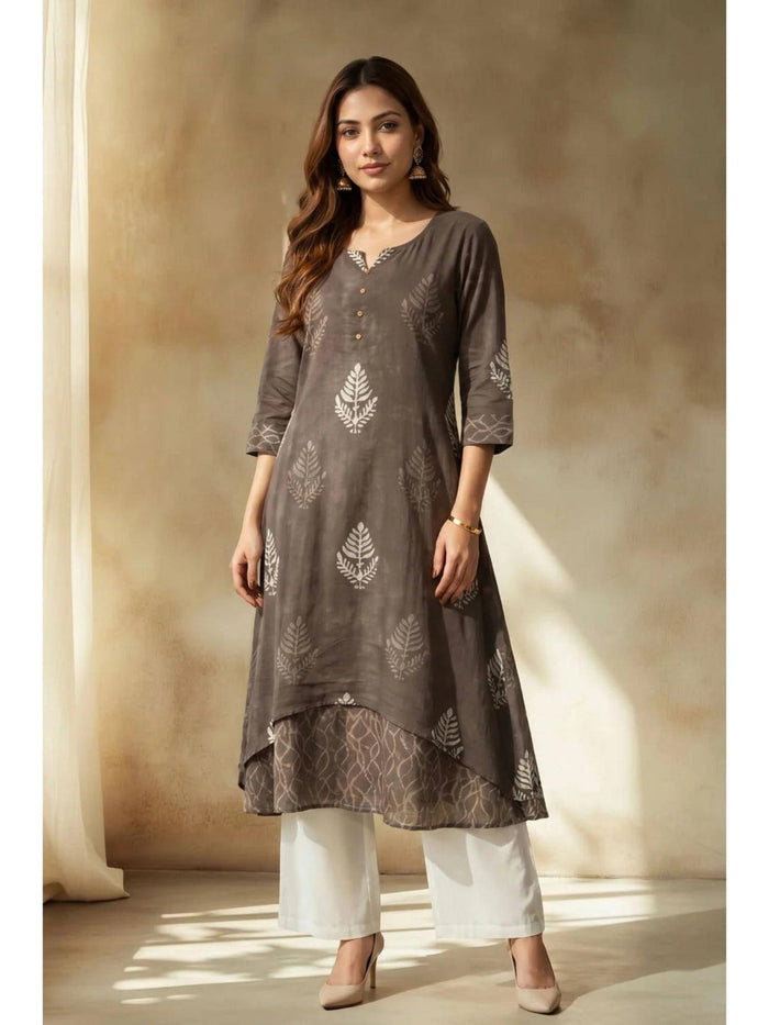 Grey Smoky Fern Mulmul Layered Kurta | KDG - view 1