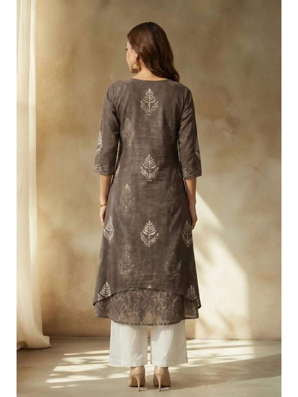 Grey Smoky Fern Mulmul Layered Kurta | KDG - view 2