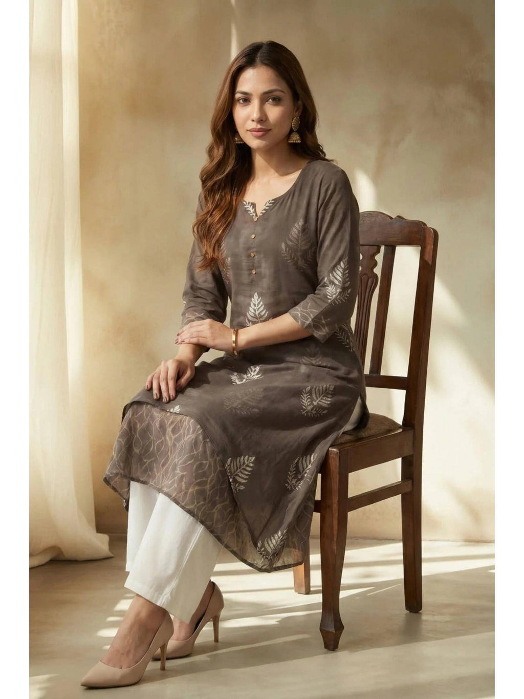 Grey Smoky Fern Mulmul Layered Kurta | KDG - view 3