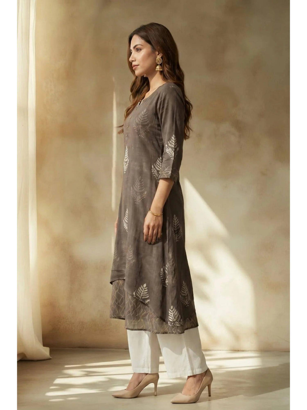Grey Smoky Fern Mulmul Layered Kurta | FY93 - view 7