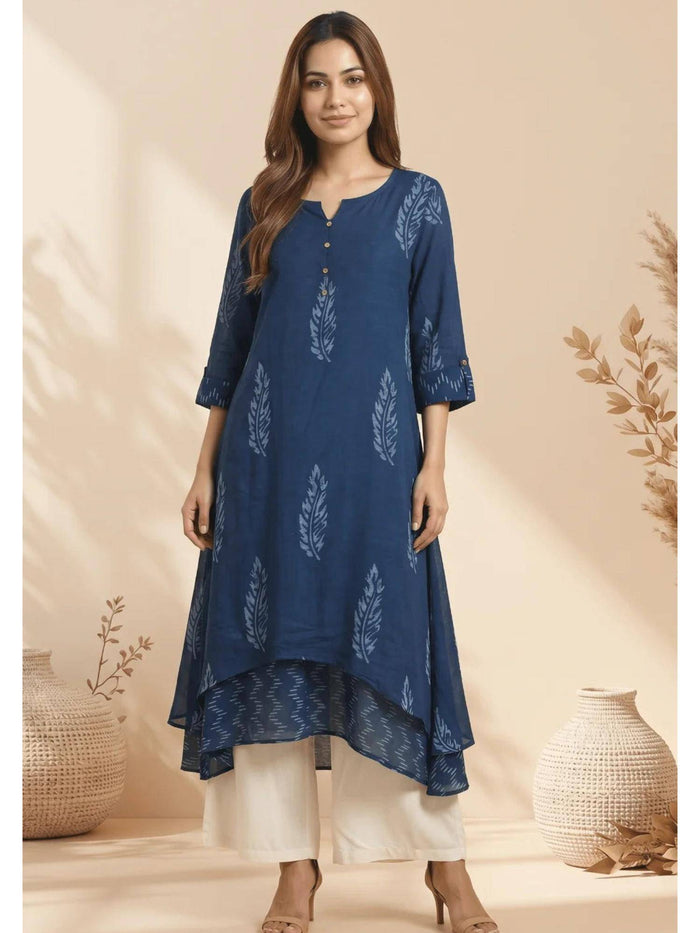 Navy Blue Midnight Fern Mulmul Layered Kurta | KDG - view 1