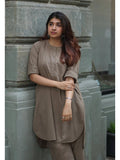 Khaki Solid Slub Cotton Straight Kurta | KDG - view 1