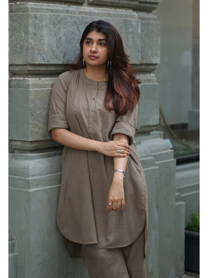 Khaki Solid Slub Cotton Straight Kurta | U3S - view 1
