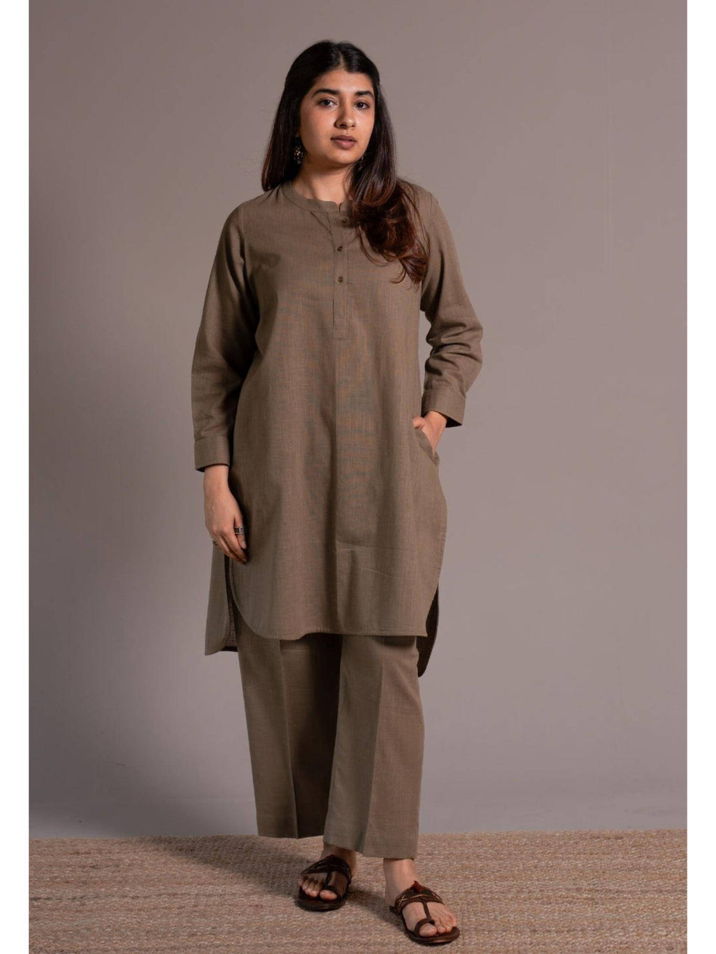 Khaki Solid Slub Cotton Straight Kurta | FY93 - view 3