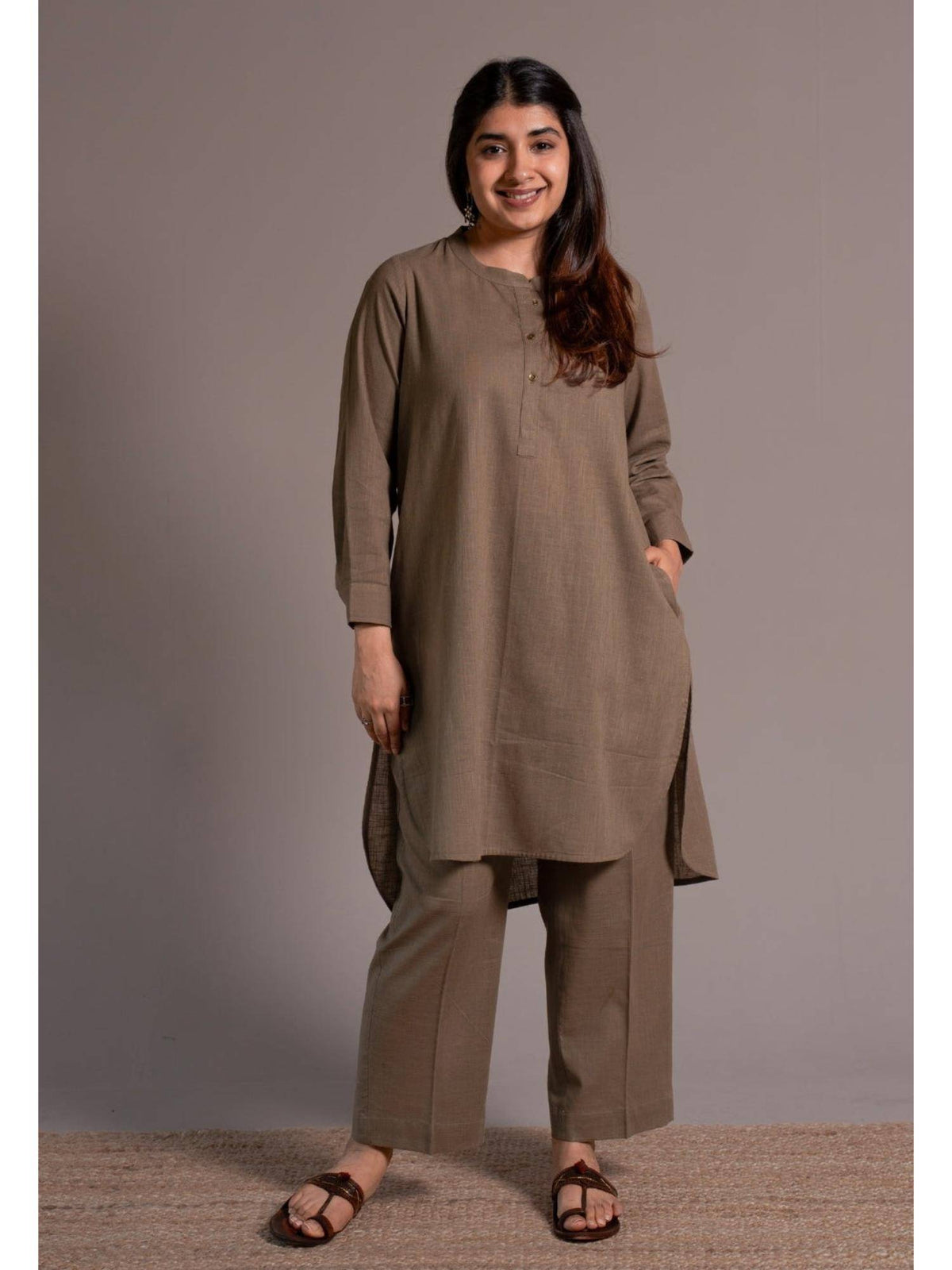 Khaki Solid Slub Cotton Straight Kurta | KDG - view 4