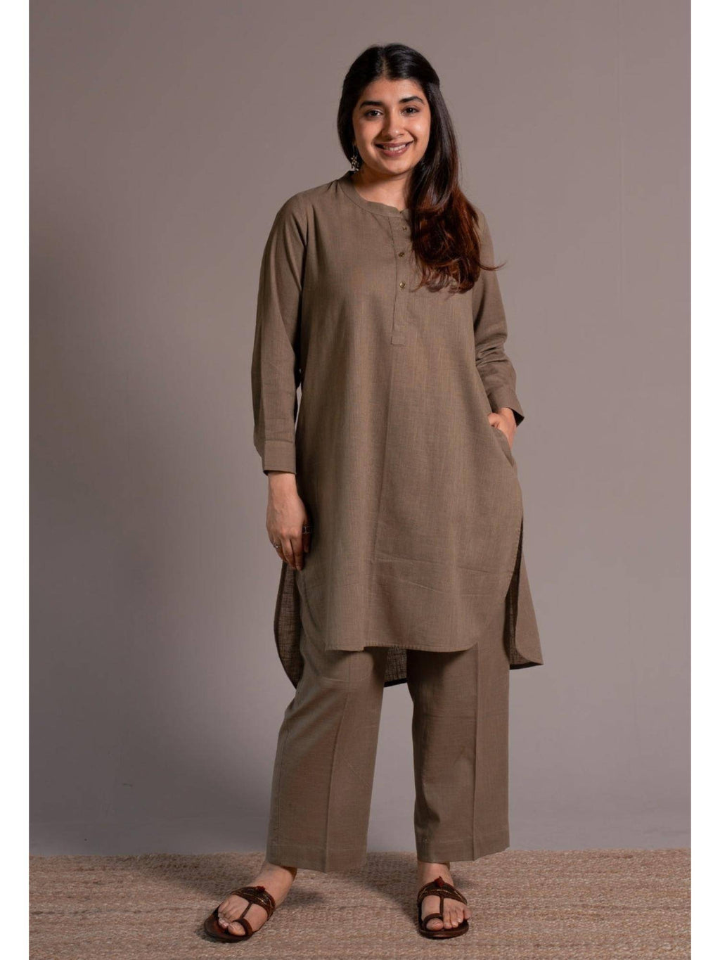 Khaki Solid Slub Cotton Straight Kurta | U3S - view 4