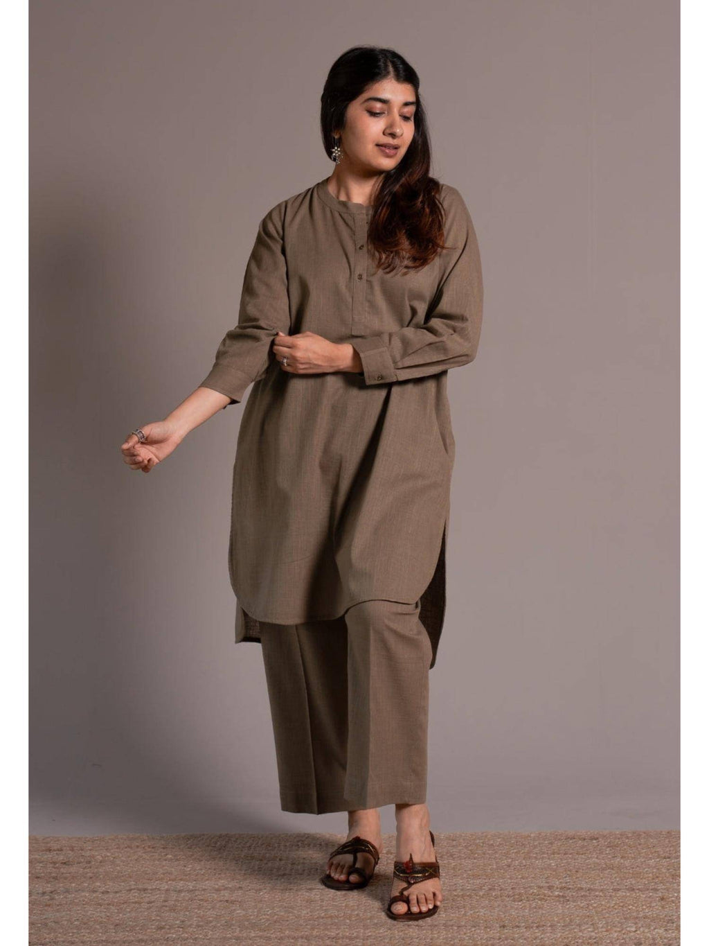 Khaki Solid Slub Cotton Straight Kurta | KDG - view 5