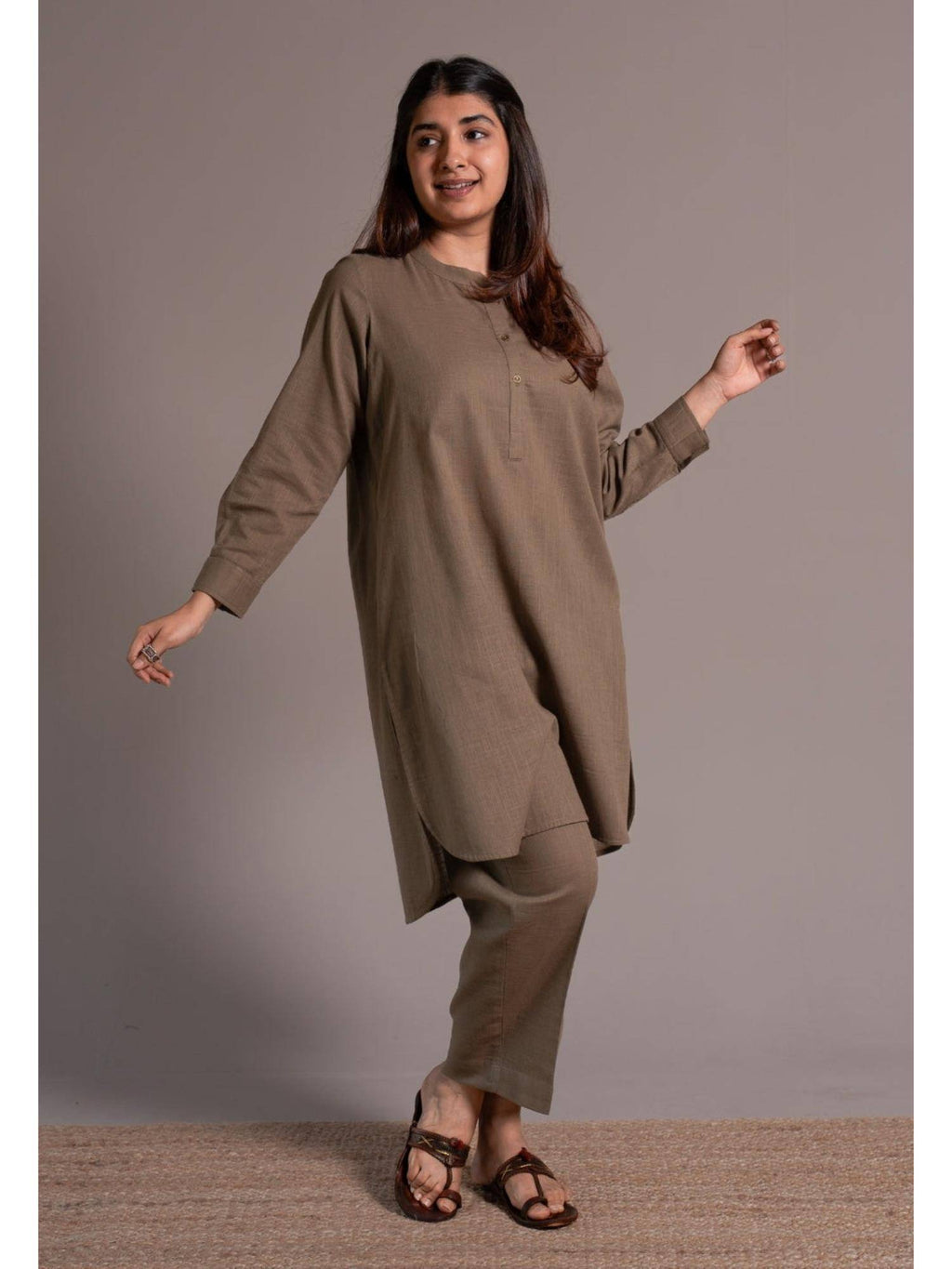 Khaki Solid Slub Cotton Straight Kurta | KDG - view 6