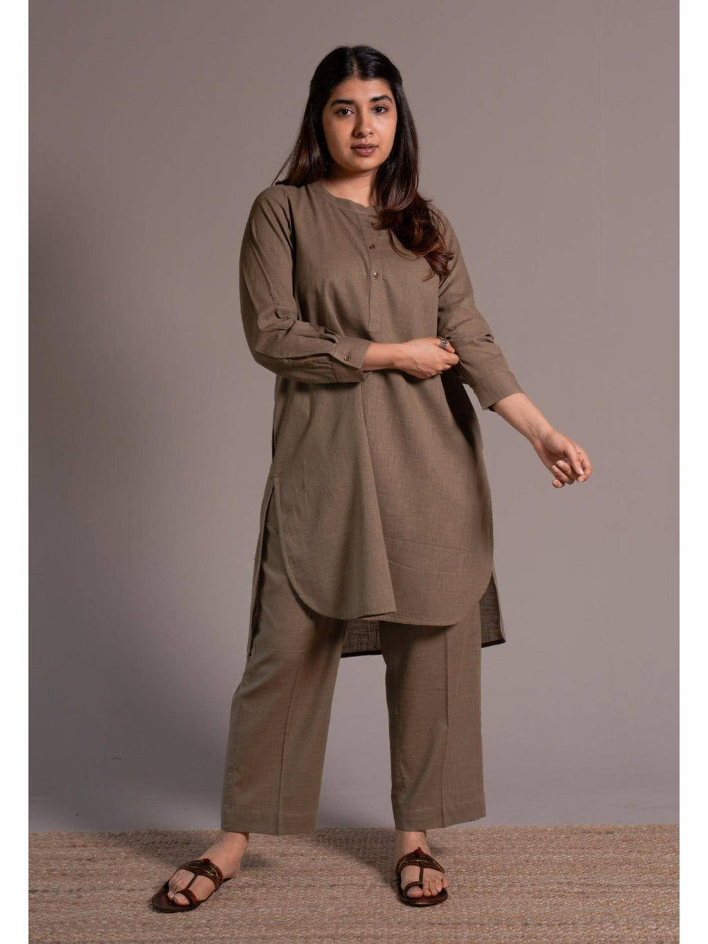 Khaki Solid Slub Cotton Straight Kurta | KDG - view 7